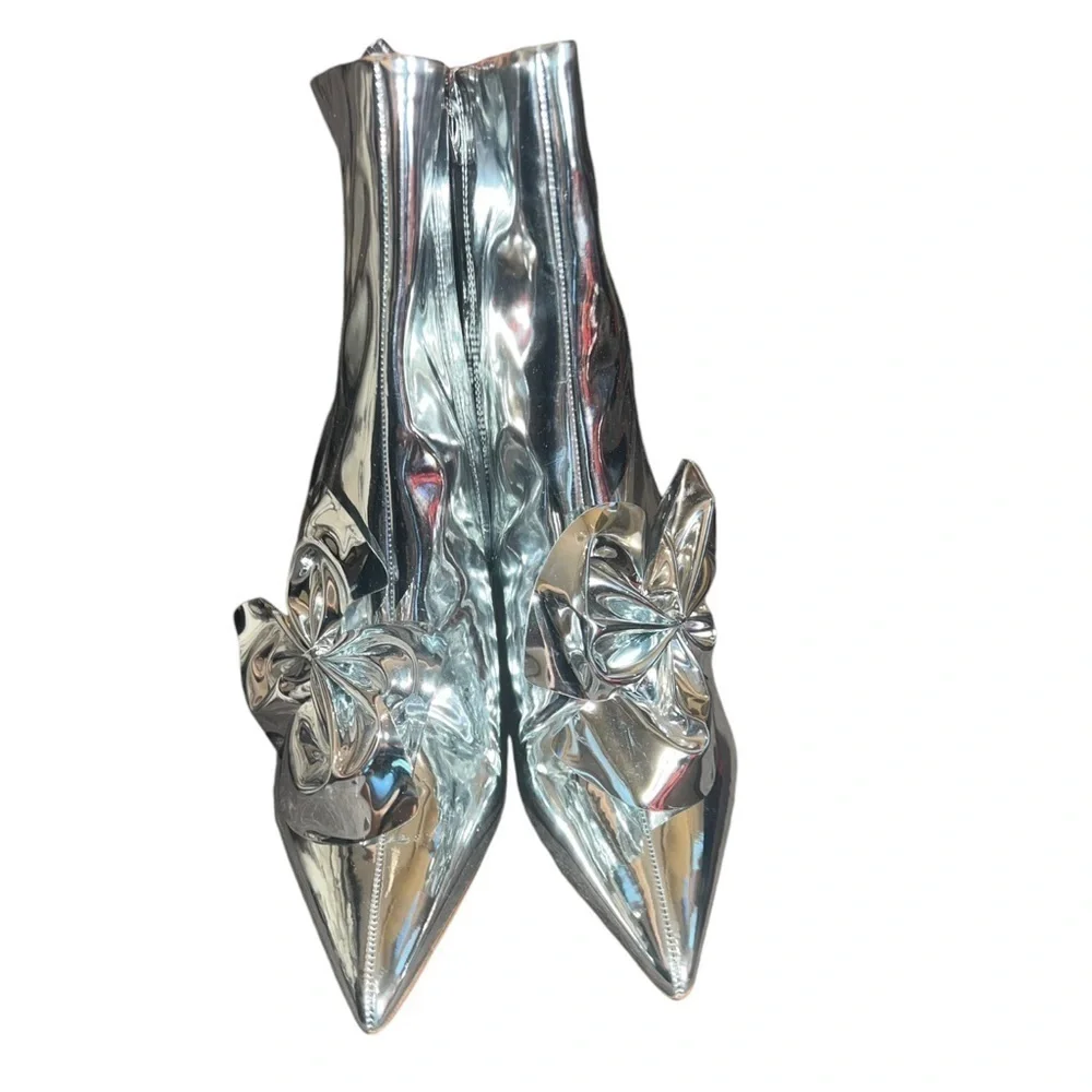 ▶️ Sam Edelman ◀️  Silver Metallic Mirror Bow Esmae Ankle Metallic Boot 11